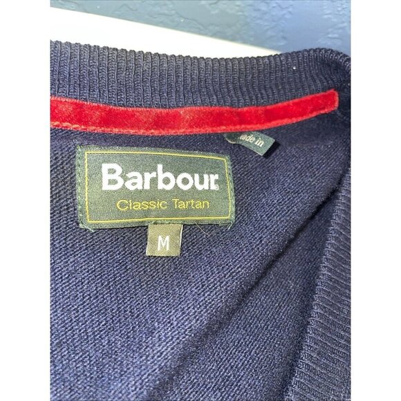 Barbour Men's Navy Blue v neck Cashmere wool Elbow Patch Tartan‎ size Med - Picture 6 of 8